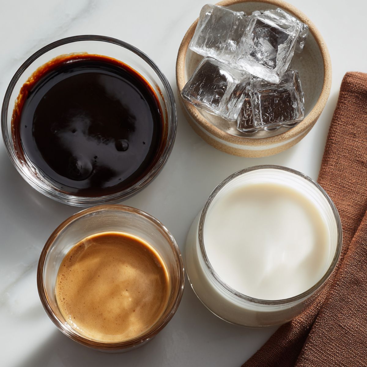 Top-down view of all ingredients for homemade mocha iced coffee on a white kitchen counter
