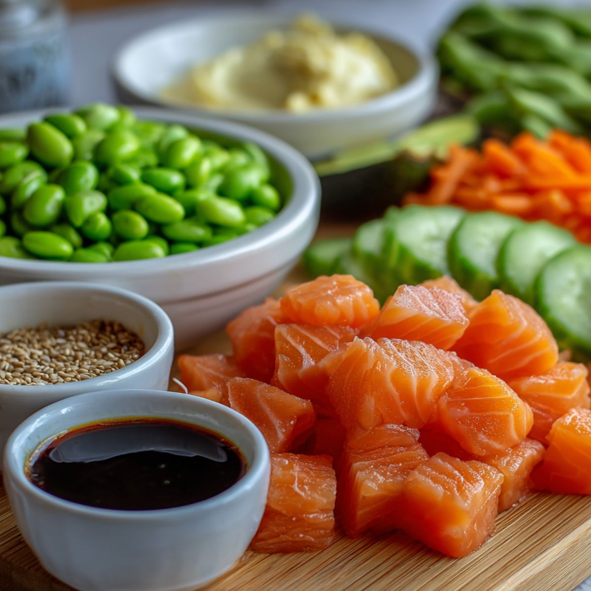 Fresh ingredients for a homemade salmon bowl laid out on a counter