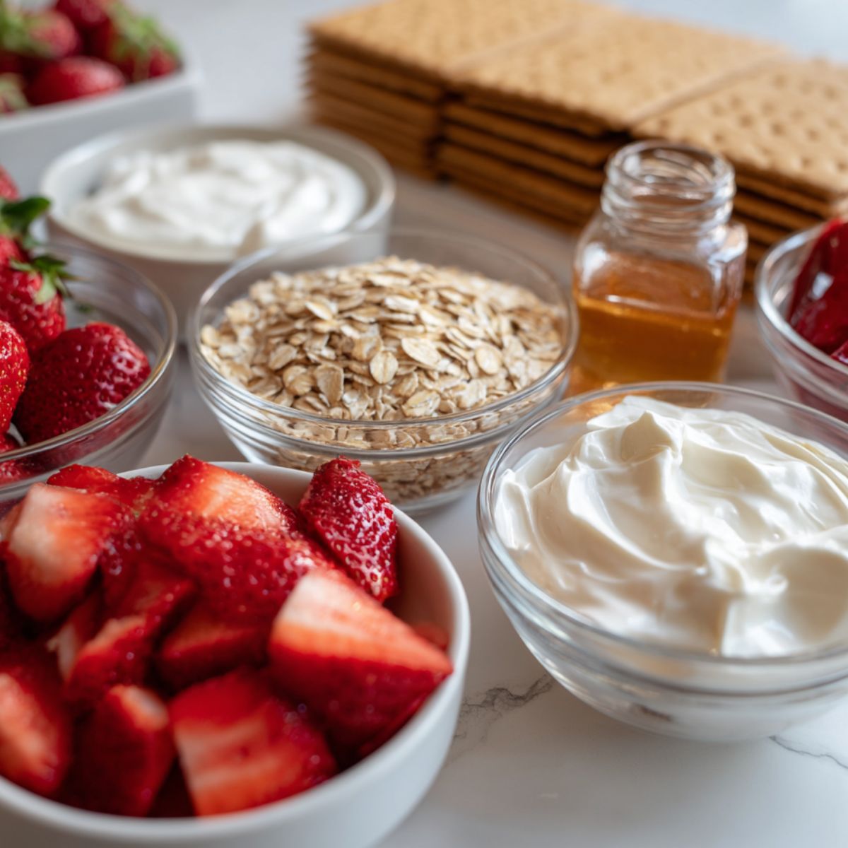Ingredients for strawberry cheesecake overnight oats displayed on a counter