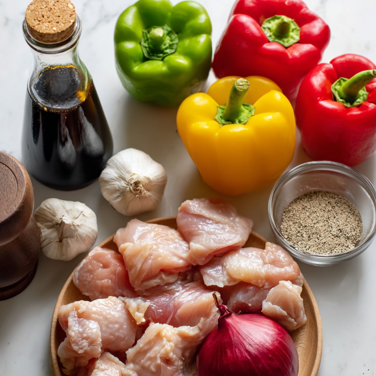 Raw chicken, bell peppers, onions, sauces, and spices laid out casually on a white kitchen counter before cooking.
