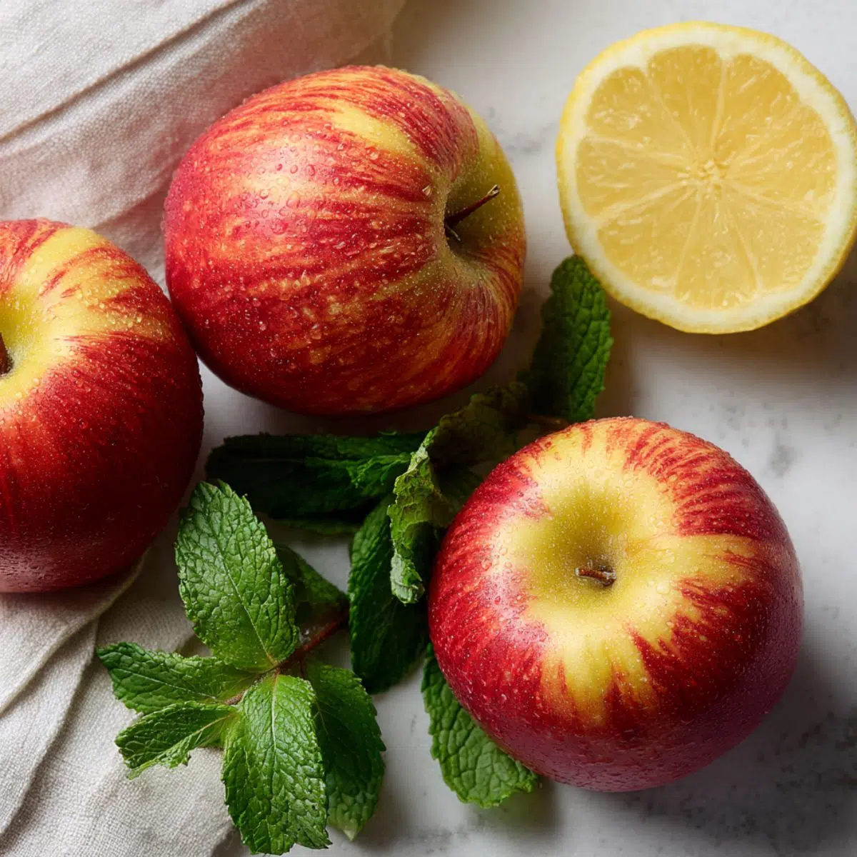 Fresh apples, lemon and on a white kitchen counter
