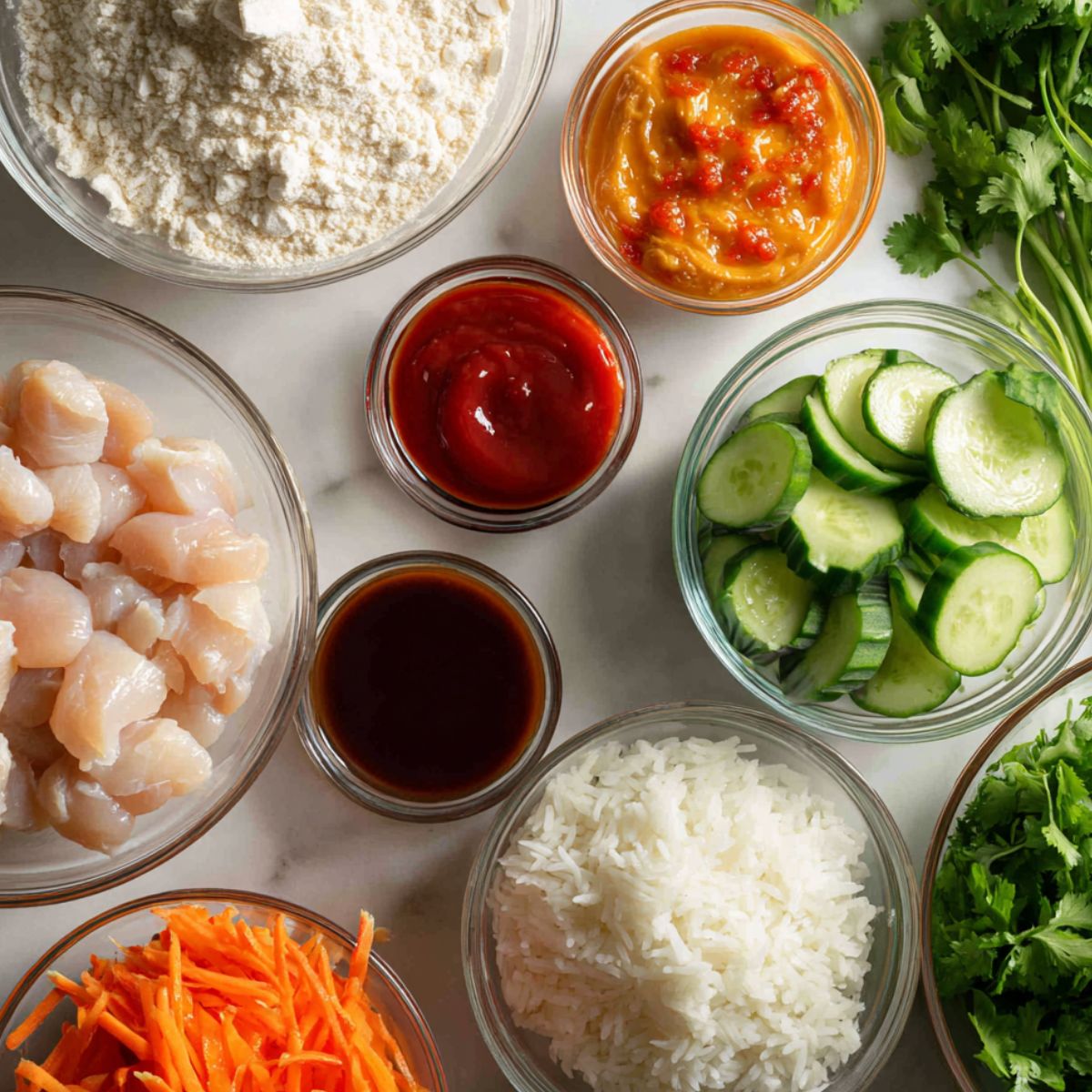 Overhead view of homemade Bang Bang Chicken Bowl ingredients laid out casually on a white kitchen counter.