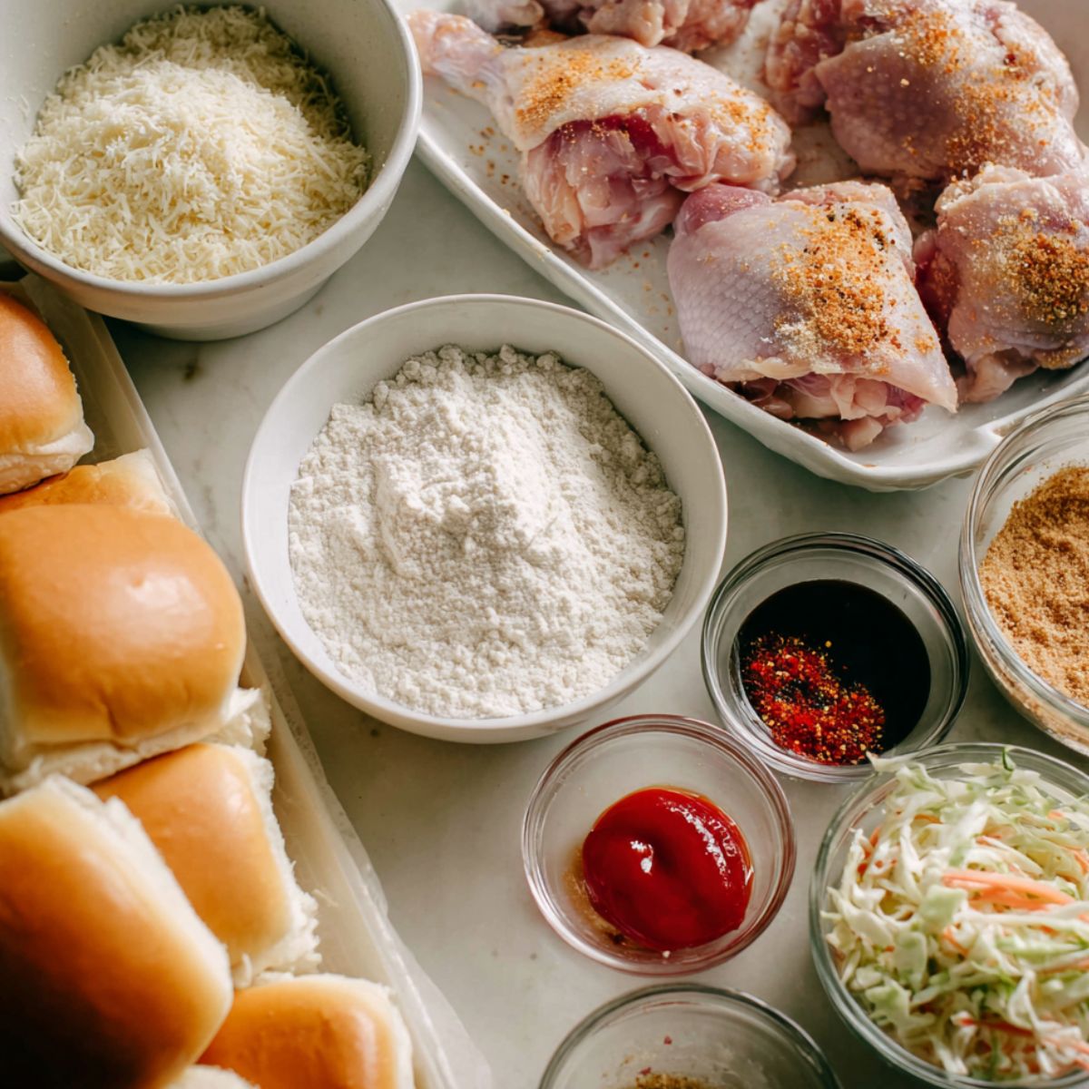 Flat-lay of all ingredients for homemade Bang Bang Chicken Sliders on a white countertop, casually arranged.