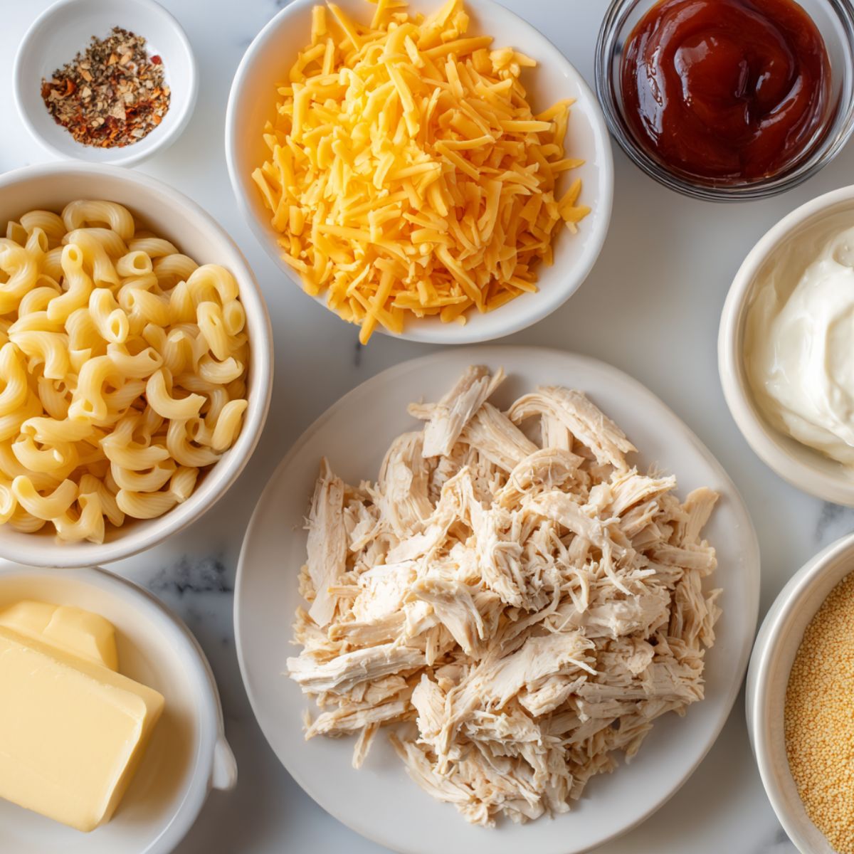 Overhead shot of BBQ chicken mac and cheese ingredients spread out on a white kitchen counter.