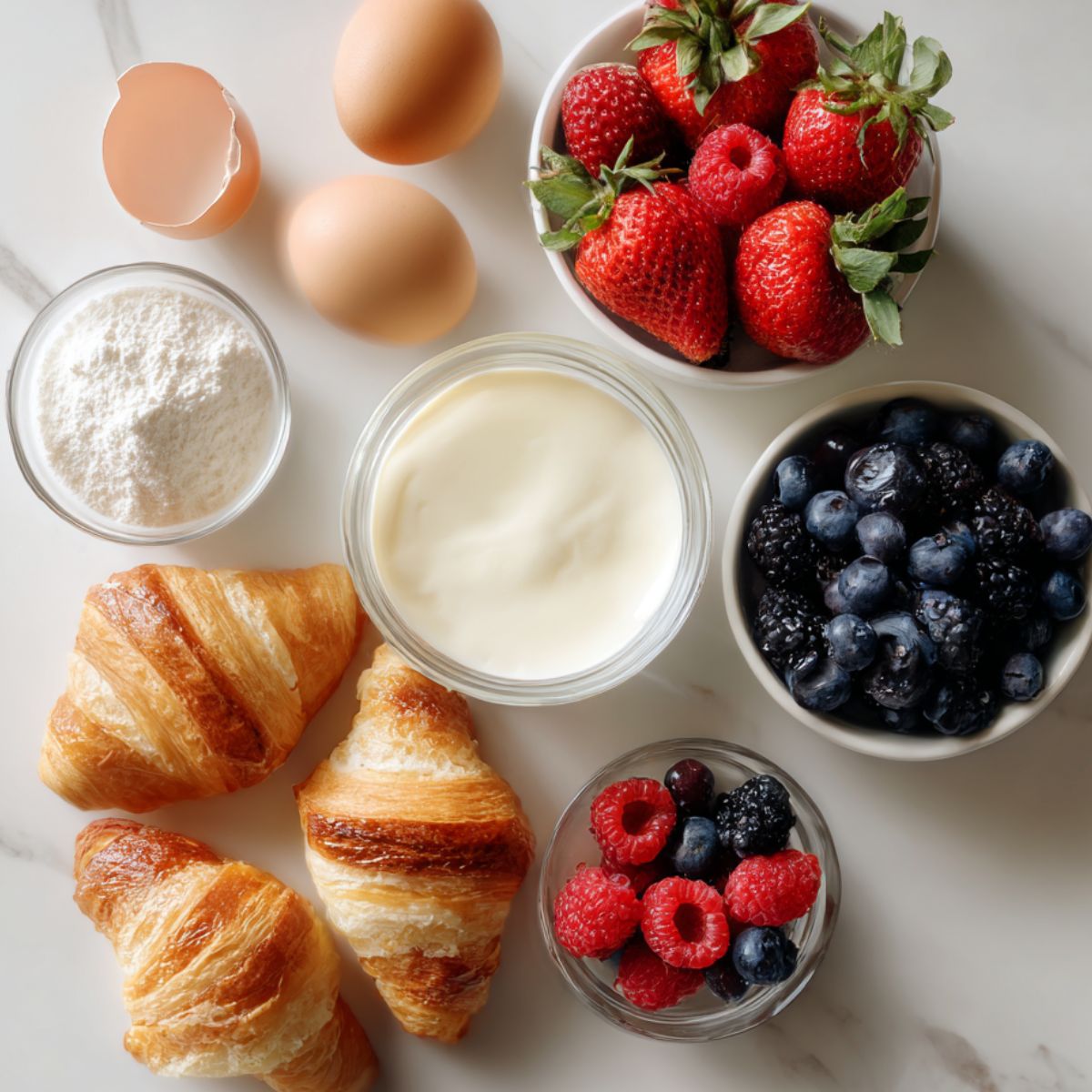 Ingredients for a homemade berry croissant bake, including croissants, fresh berries, eggs, milk, and cream on a white kitchen counter.