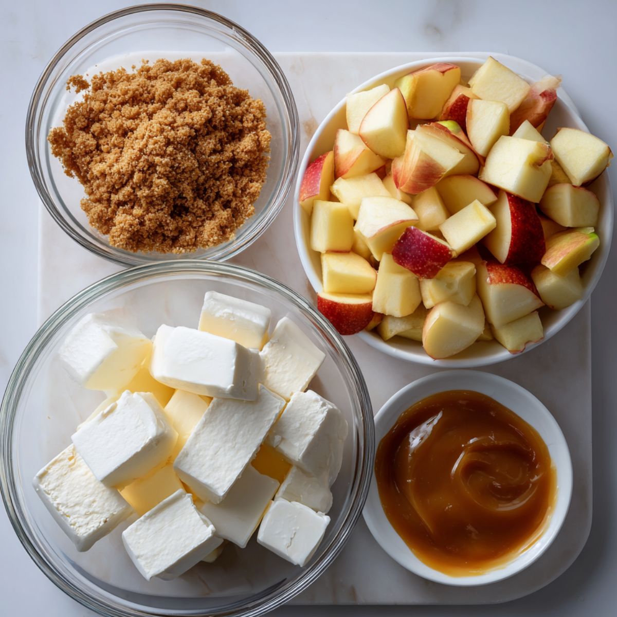 Top-down view of caramel apple cheesecake bars ingredients on a white kitchen counter, casually arranged for a homemade look
