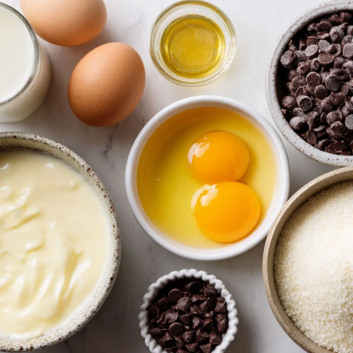 Overhead view of ingredients for homemade chocolate chip ice cream on a kitchen counter.