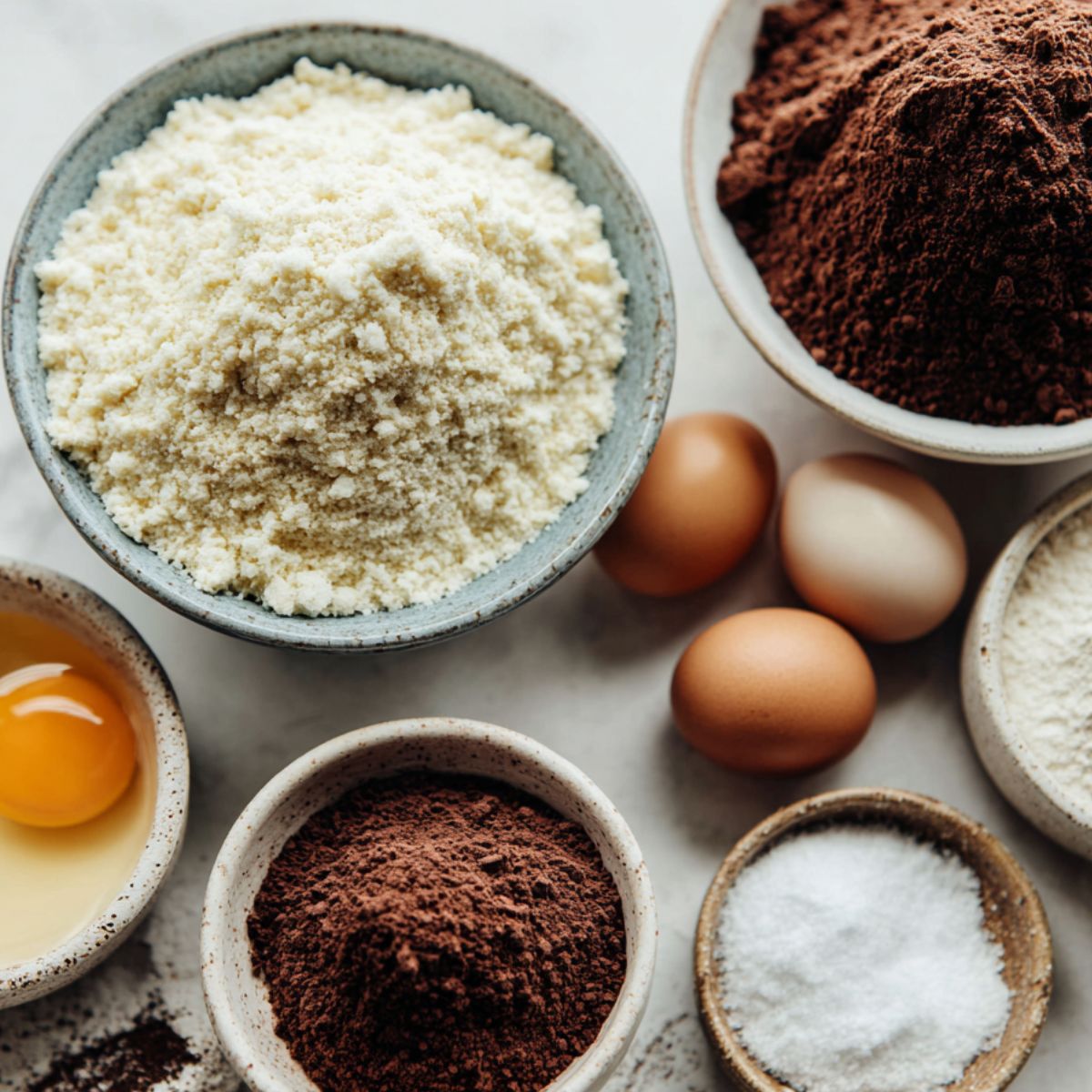 Baking ingredients for homemade chocolate protein donuts arranged casually on a white counter.