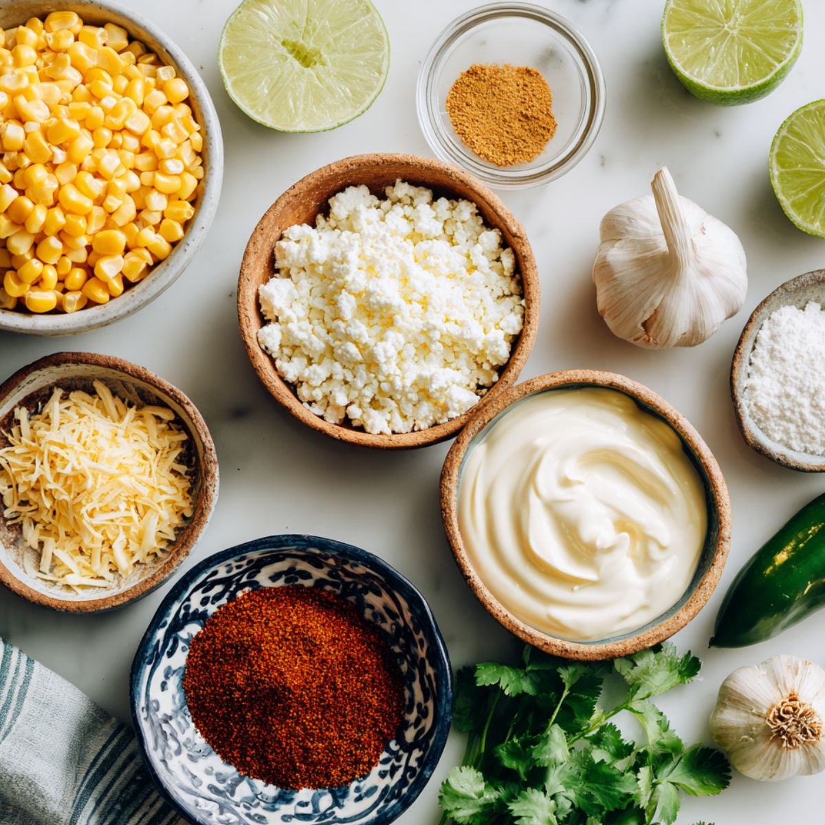 Overhead view of fresh ingredients for Mexican street corn dip on a kitchen counter.