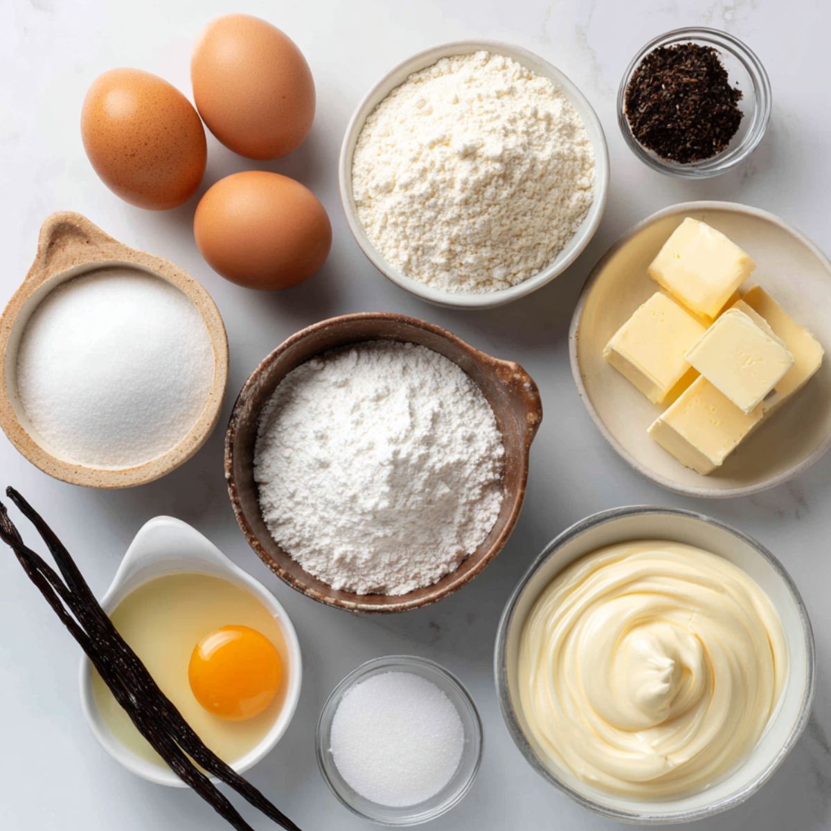 Overhead view of simple ingredients for homemade crème brûlée cookies on a white kitchen counter.