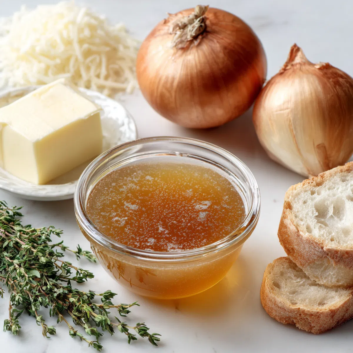 Ingredients for crock pot French onion soup recipe laid out on a white kitchen counter, photographed from above.