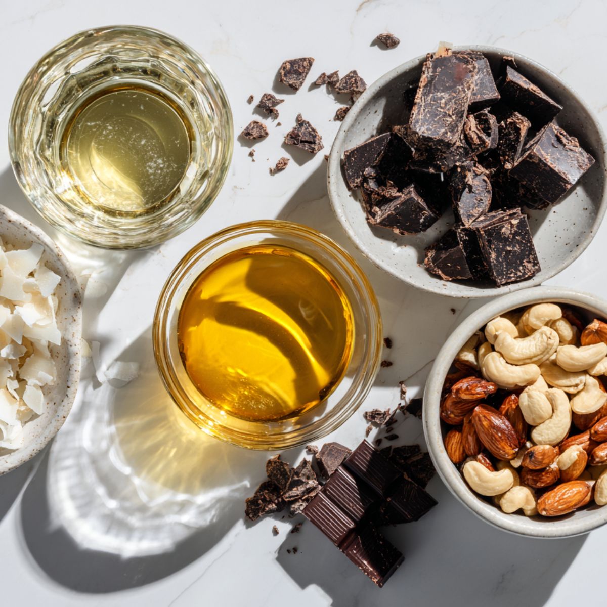 Flat lay of chocolate bark ingredients including chocolate, nuts, coconut oil , vanilla extract.
