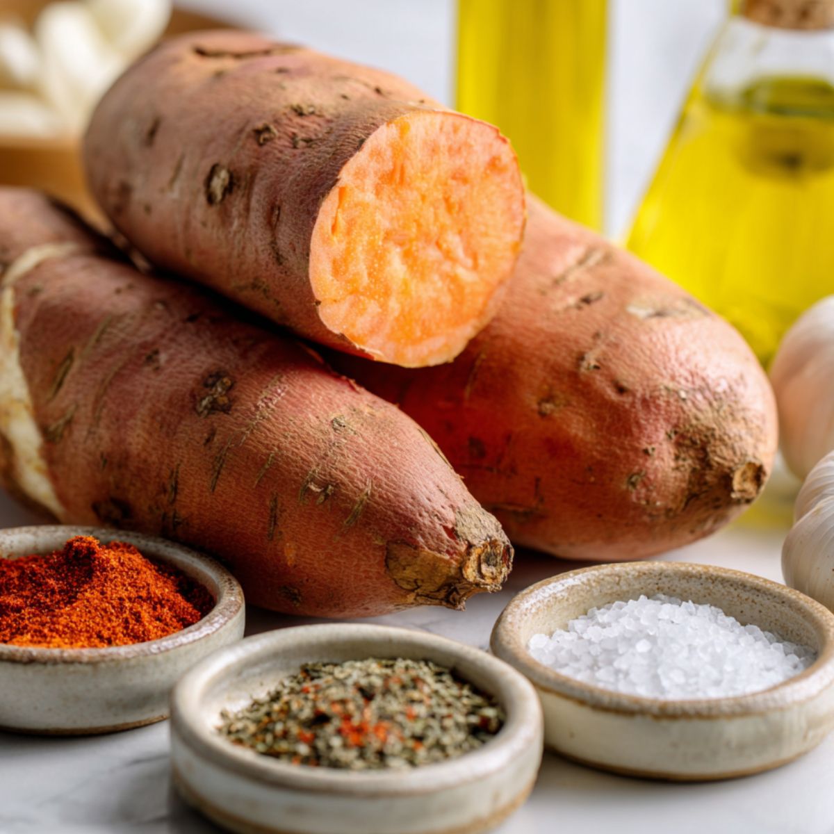 Raw sweet potatoes and simple spices laid out on a counter.