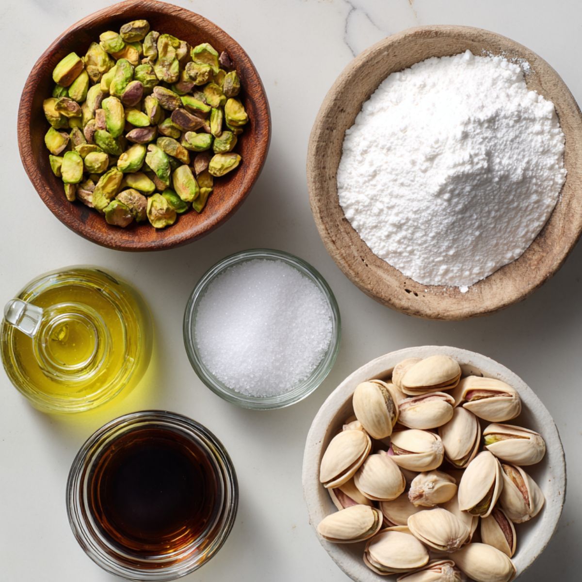 Essential ingredients for pistachio cream recipe on white counter