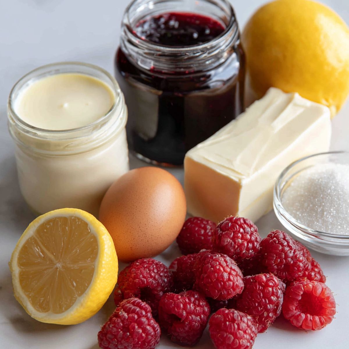 All ingredients for raspberry cream cheese danish laid out on a kitchen counter