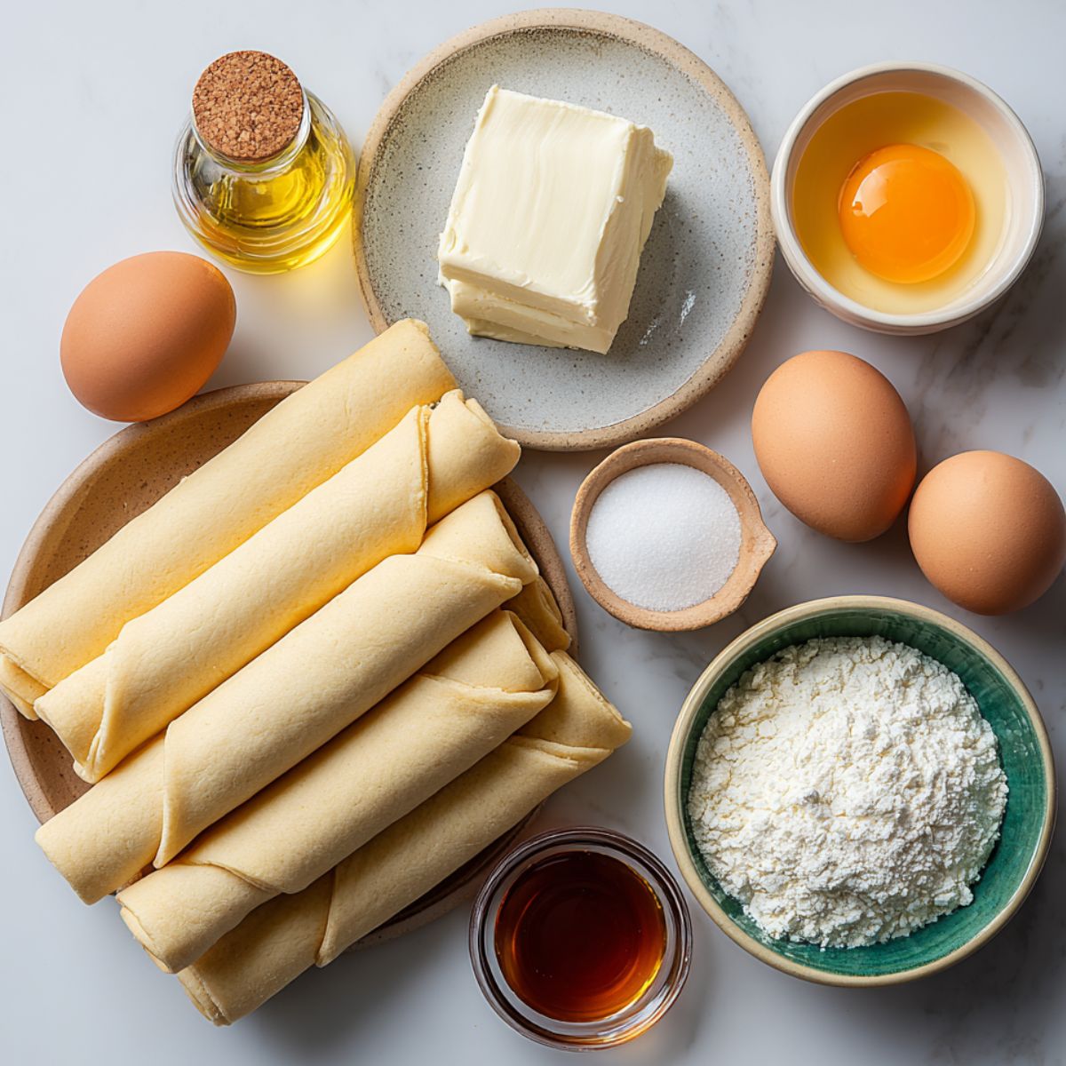 Simple homemade ingredients for cream cheese danish rolls displayed on a white kitchen counter.