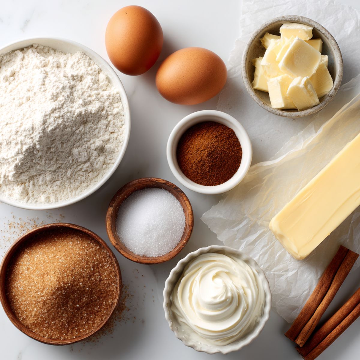 Gluten free coffee cake ingredients laid out on a white kitchen counter