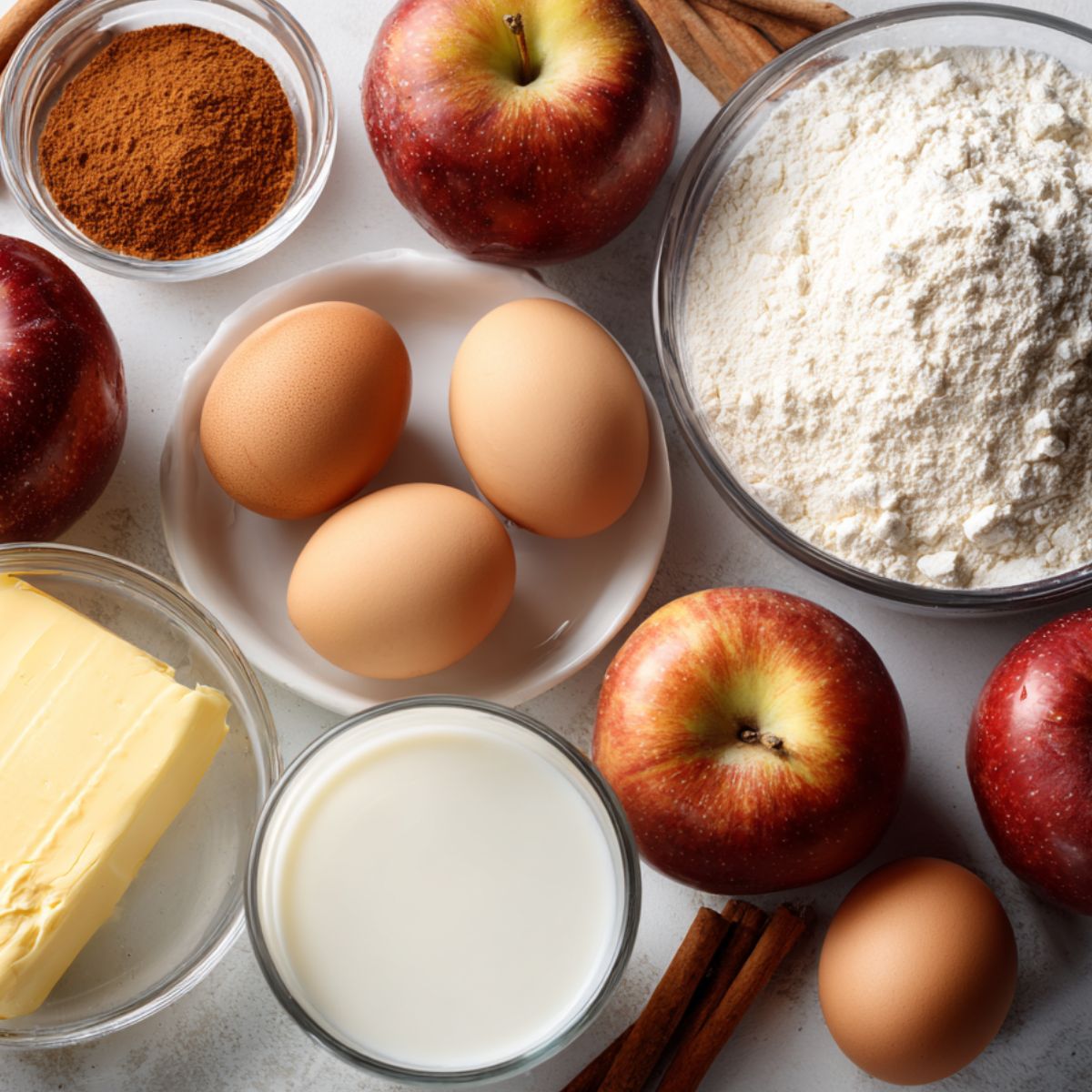 Overhead flat lay of ingredients for Dutch apple pancake recipe on a white kitchen counter