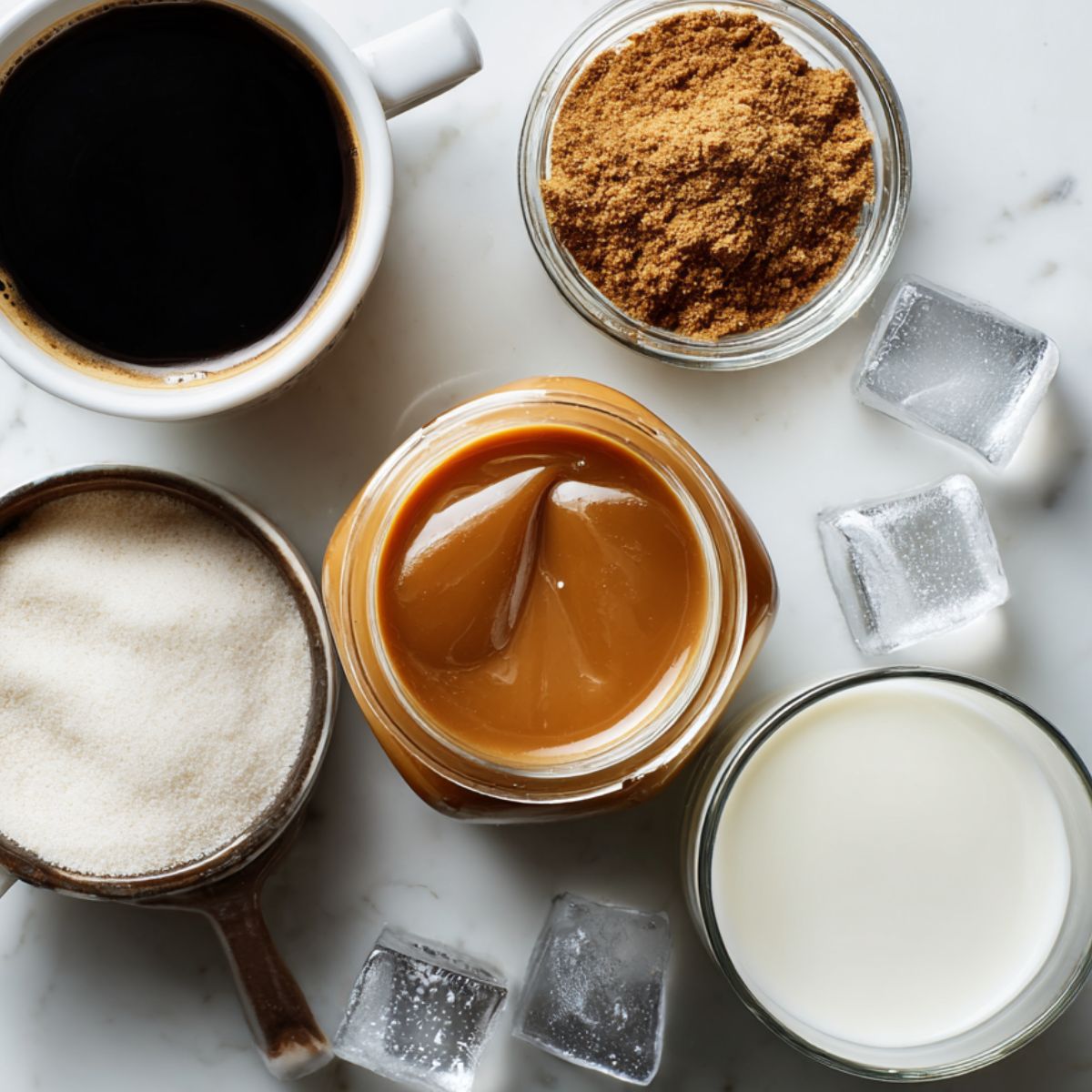 Overhead view of ingredients for making homemade caramel iced coffee on a kitchen counter