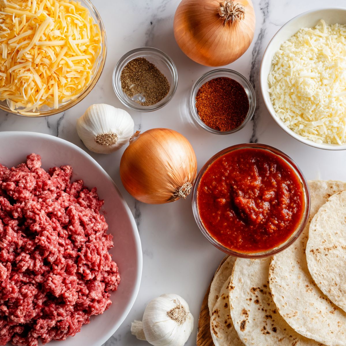 Top view of ingredients for homemade ground beef enchiladas scattered casually on a kitchen counter