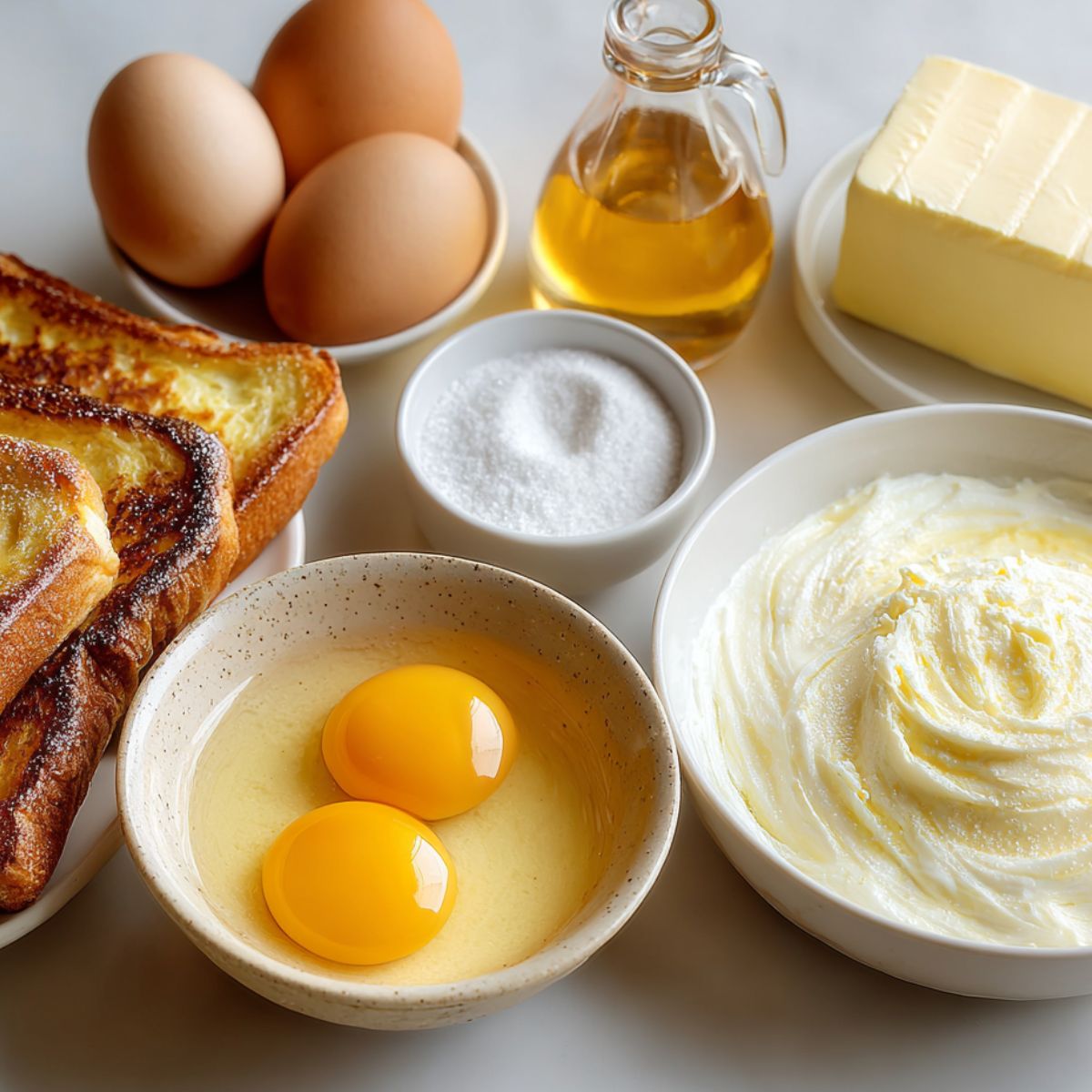 Overhead photo of crème brûlée French toast ingredients on a kitchen counter including brioche bread, eggs, cream, sugar, vanilla, butter.