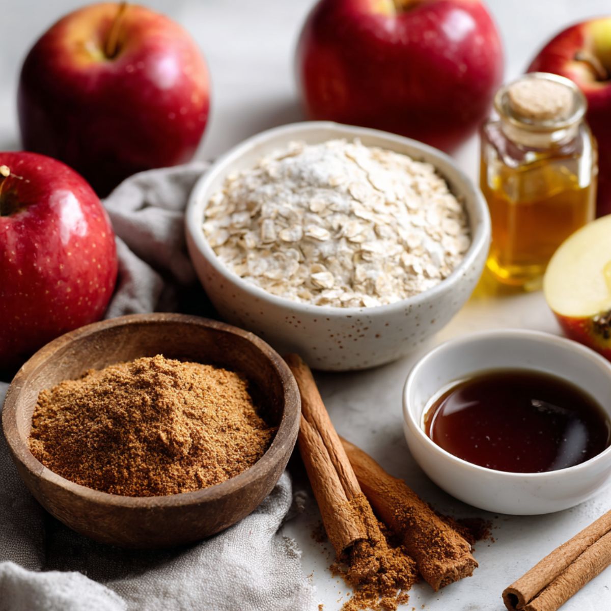 Flat lay of apples, oats, flour, cinnamon, and sugar ingredients for gluten free apple cobbler