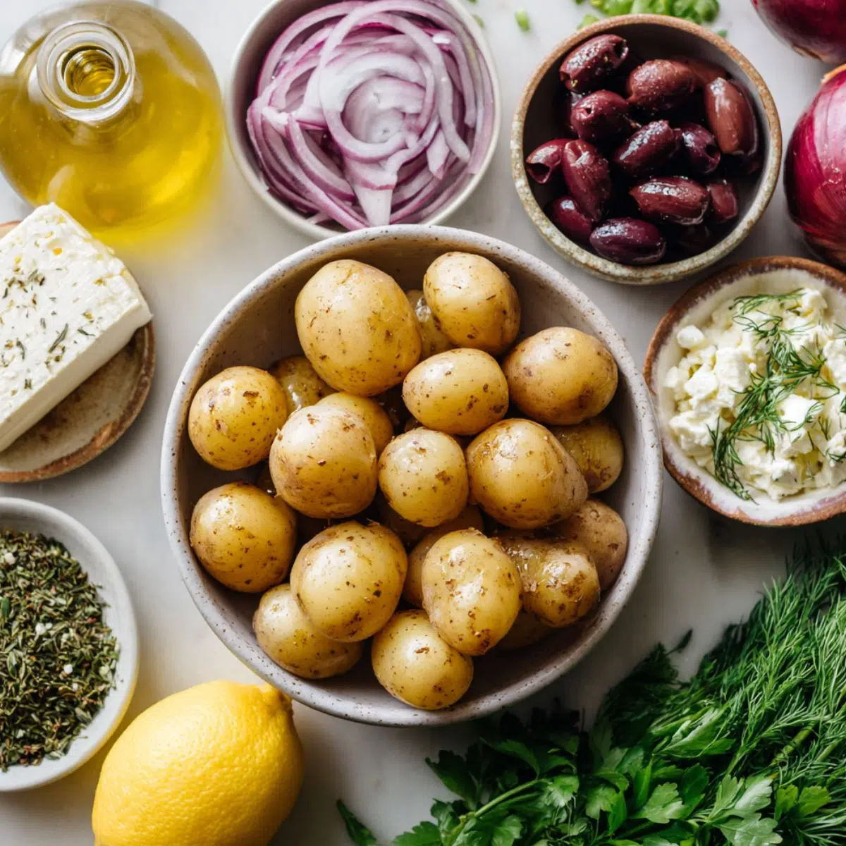 Raw ingredients for Greek potato salad displayed casually on a white kitchen counter, including potatoes, lemon, onion, olives, and feta.
