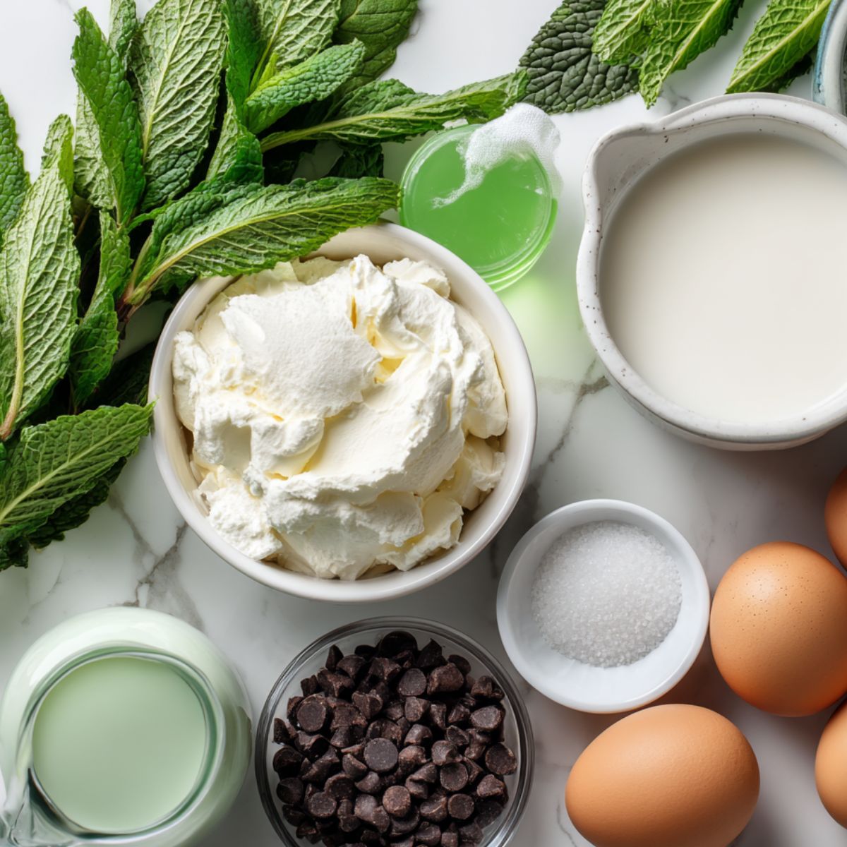 Ingredients for homemade green mint chocolate chip ice cream arranged on a white kitchen counter.