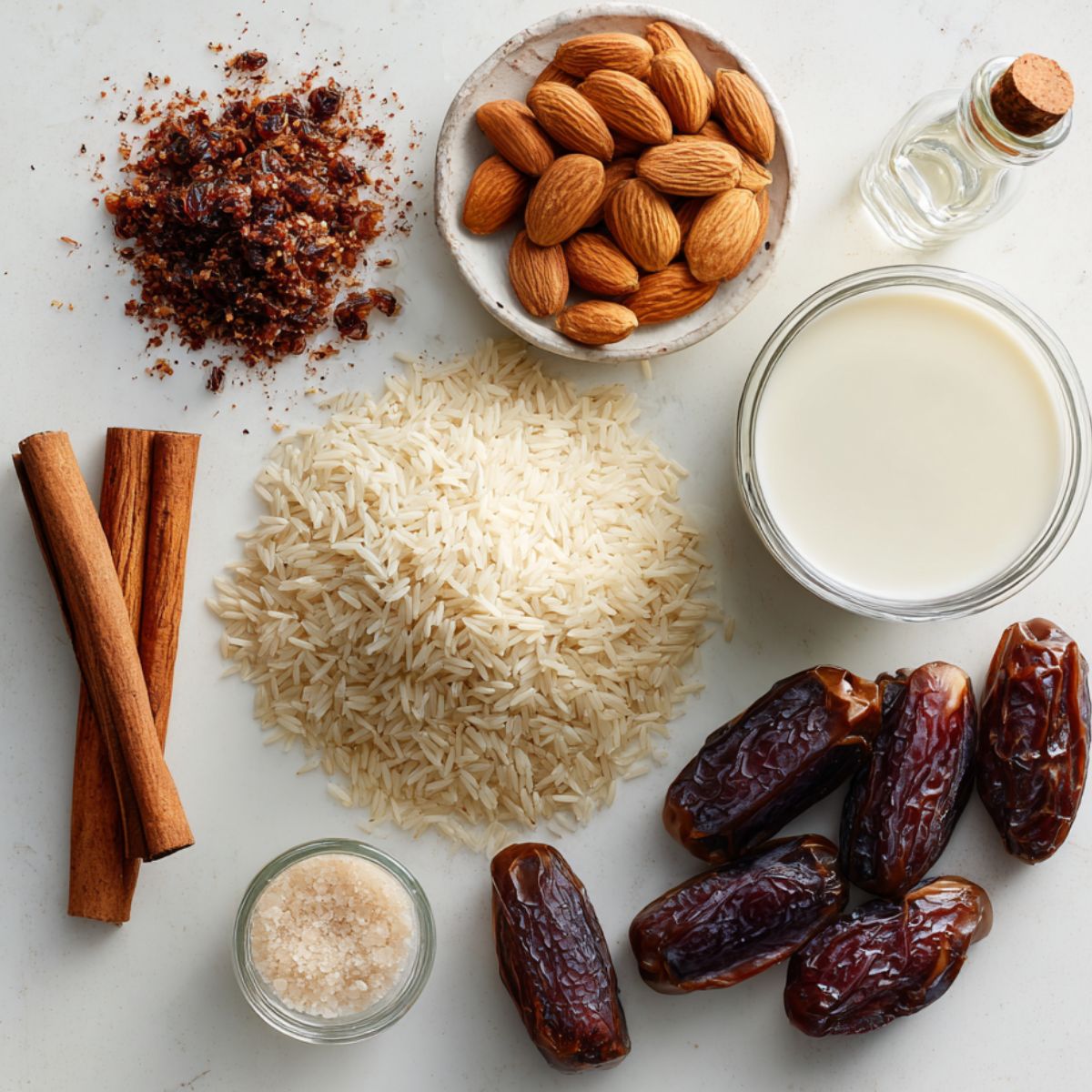 Top-down view of horchata ingredients laid out casually on a white kitchen counter, including rice, almonds, dates, and cinnamon.
