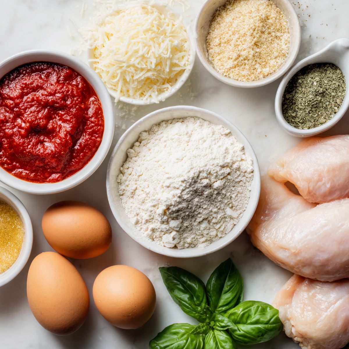 Overhead view of raw ingredients for keto chicken parmesan on a white counter, including chicken, cheese, almond flour, eggs, and marinara.