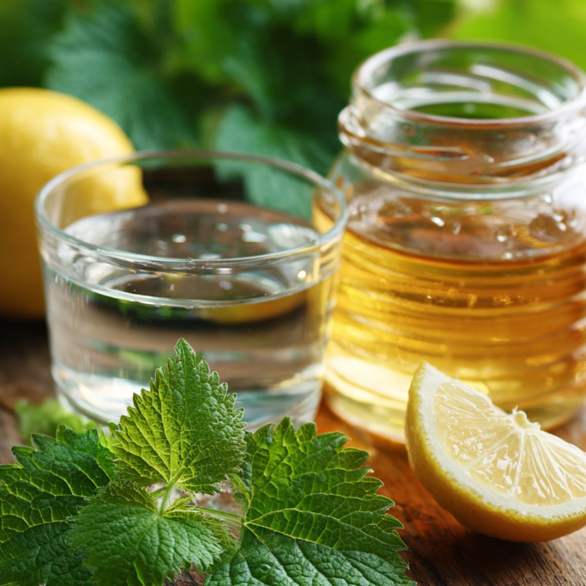 Fresh lemon balm leaves, honey, lemon slice, and water on a kitchen counter.