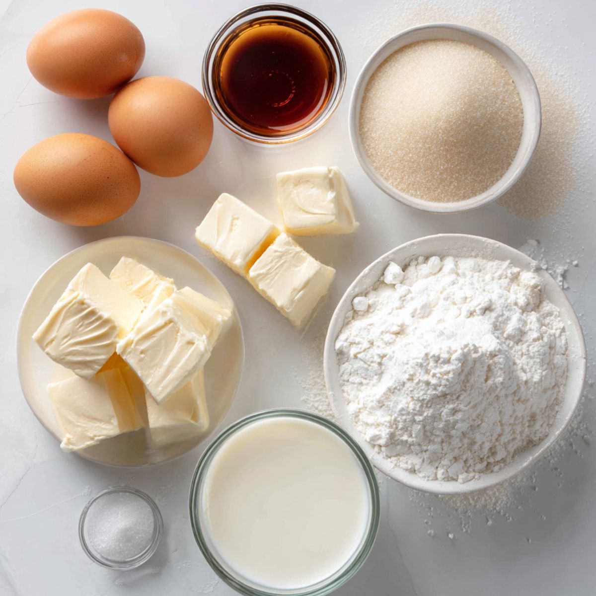 Loaf pan Basque cheesecake ingredients casually arranged on a white kitchen counter.
