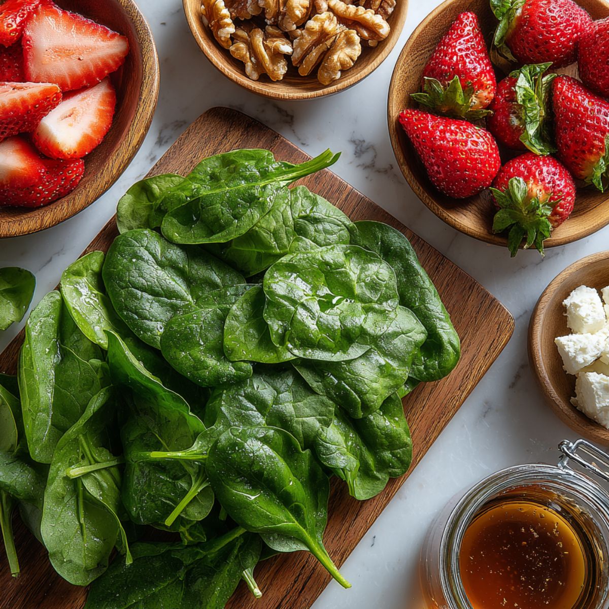 Overhead shot of fresh salad ingredients on a white kitchen counter.