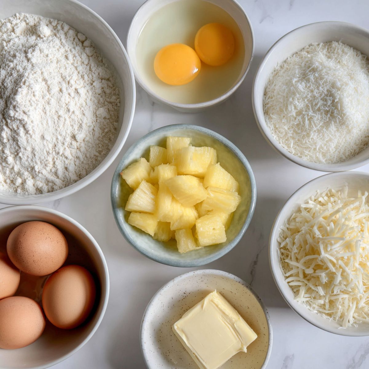 Overhead view of ingredients for pineapple coconut dream cake on a white kitchen counter, casually arranged.