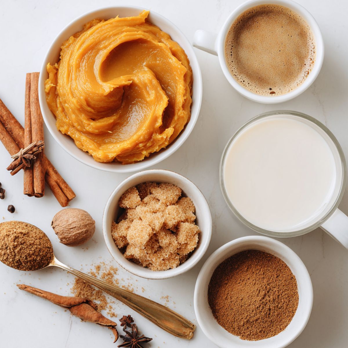 Top-down photo of pumpkin spice latte ingredients ; pumpkin puree, coffee, milk, sugar, and spices on a white counter.