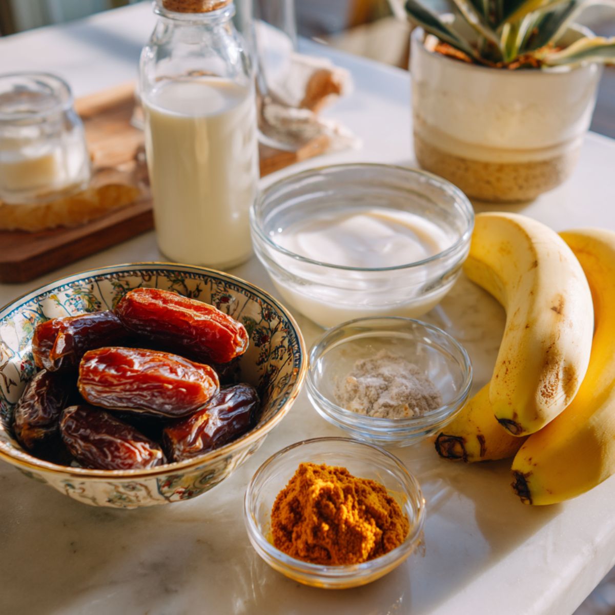 Top-down shot of ingredients for a healthy pumpkin smoothie on a kitchen counter
