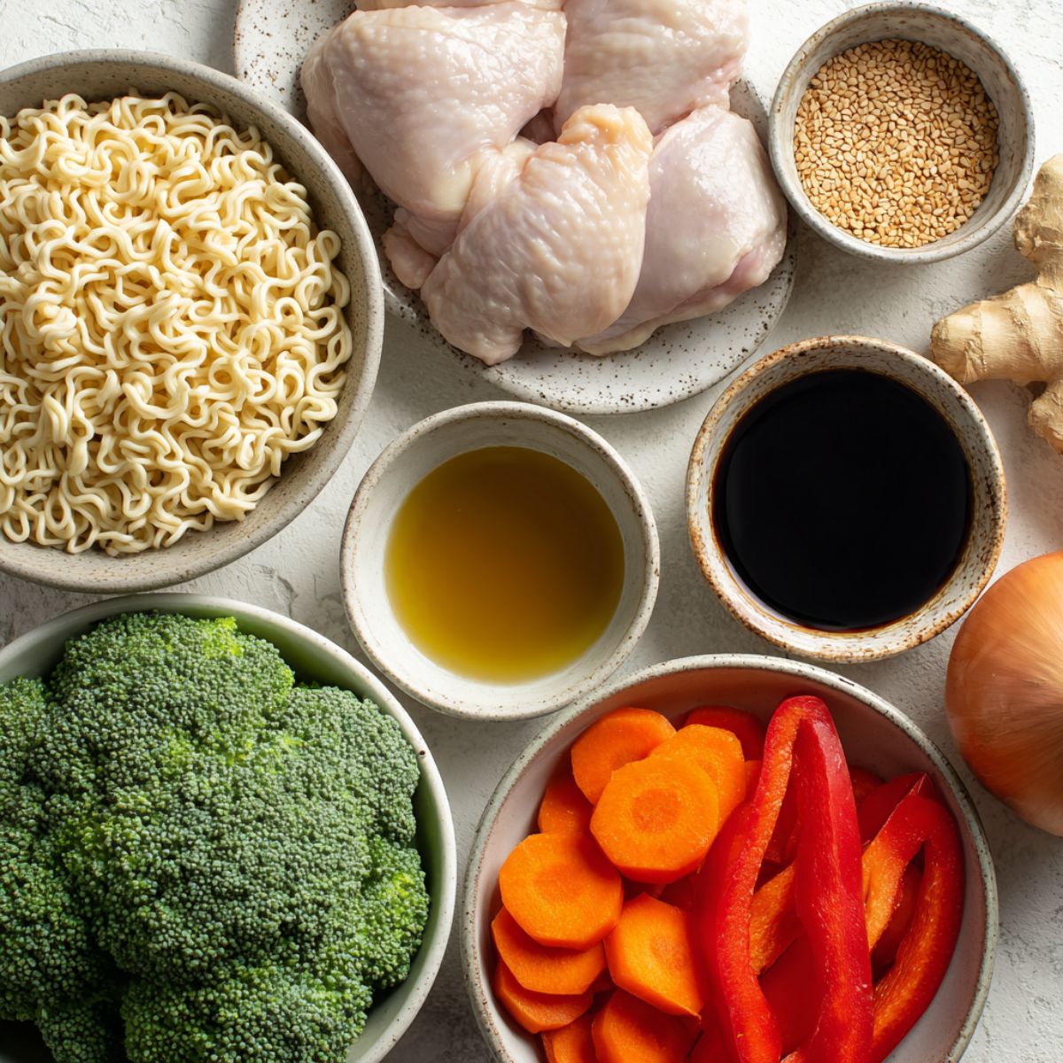 Raw ingredients for ramen chicken stir fry : chicken, noodles, vegetables, and sauces arranged casually on a white kitchen counter.