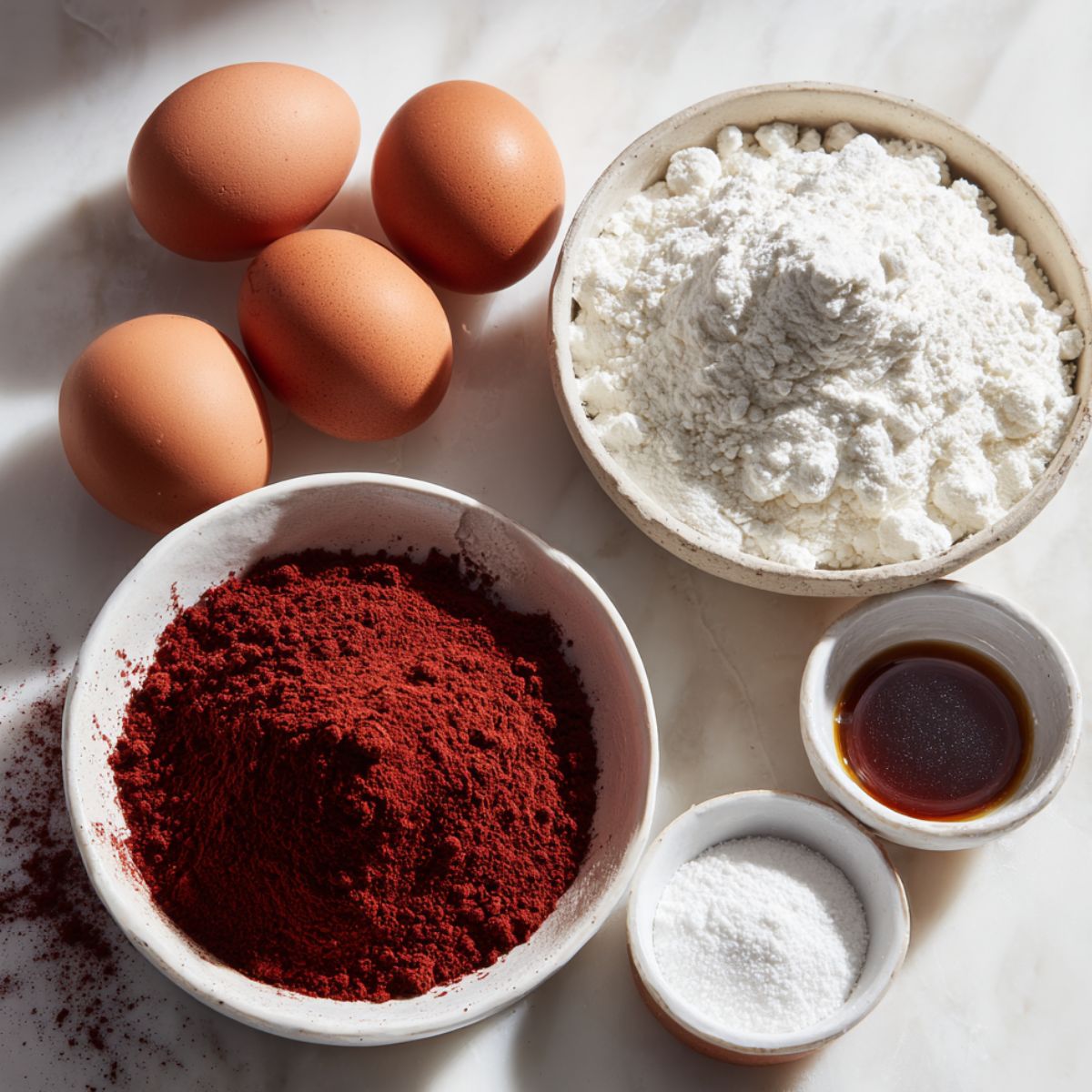 Red velvet crinkle cookie ingredients laid out on a white kitchen counter.