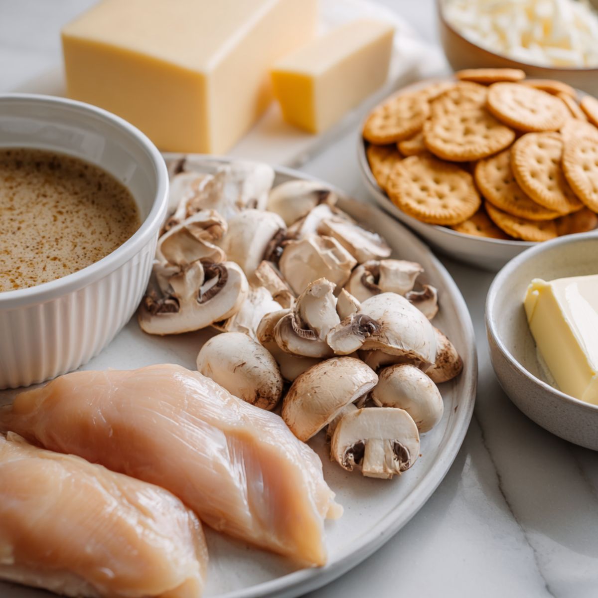 Overhead view of Swiss chicken casserole ingredients including chicken, Swiss cheese, mushroom soup, Ritz crackers, and butter on a white kitchen counter