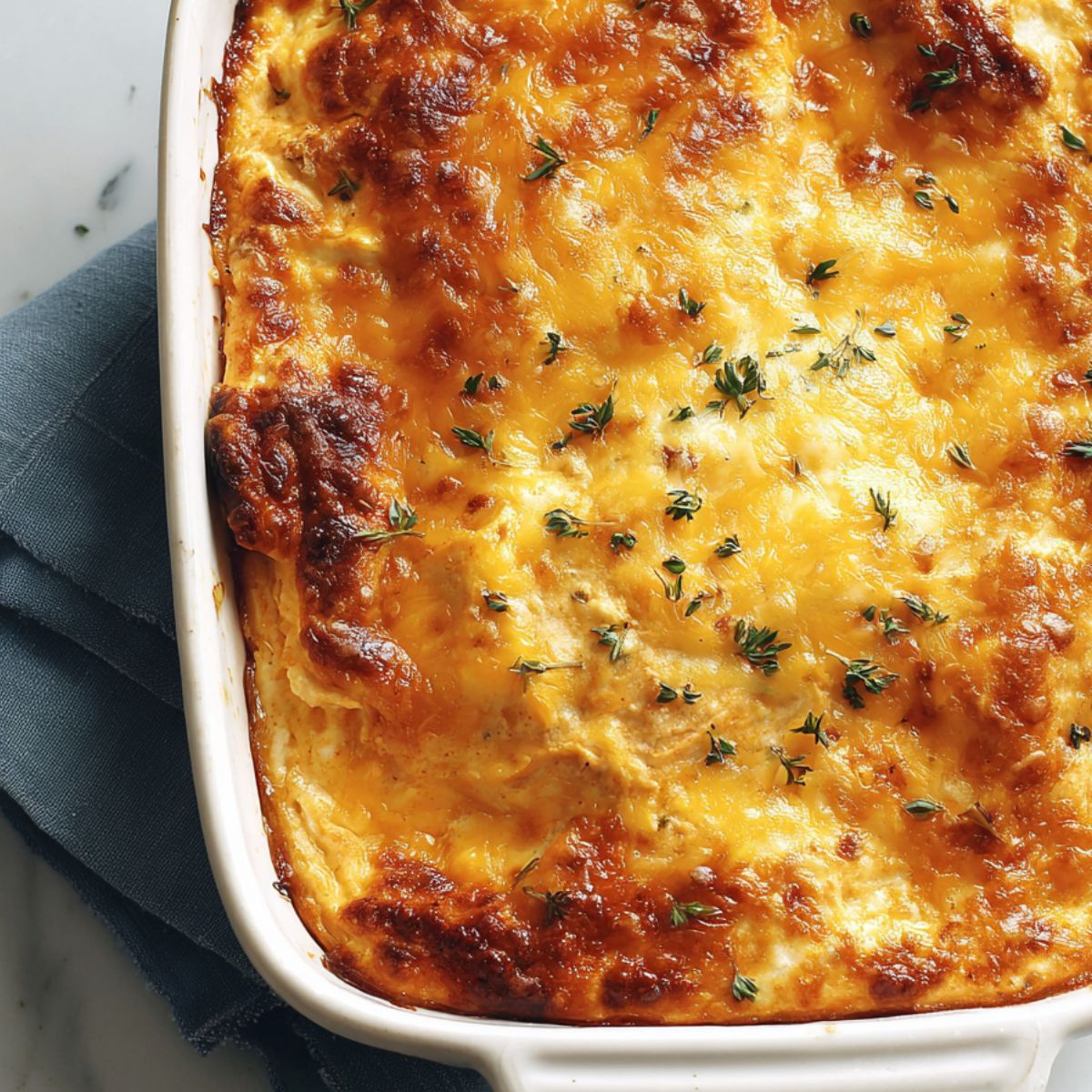 Overhead view of homemade keto buffalo chicken dip served on a white kitchen counter