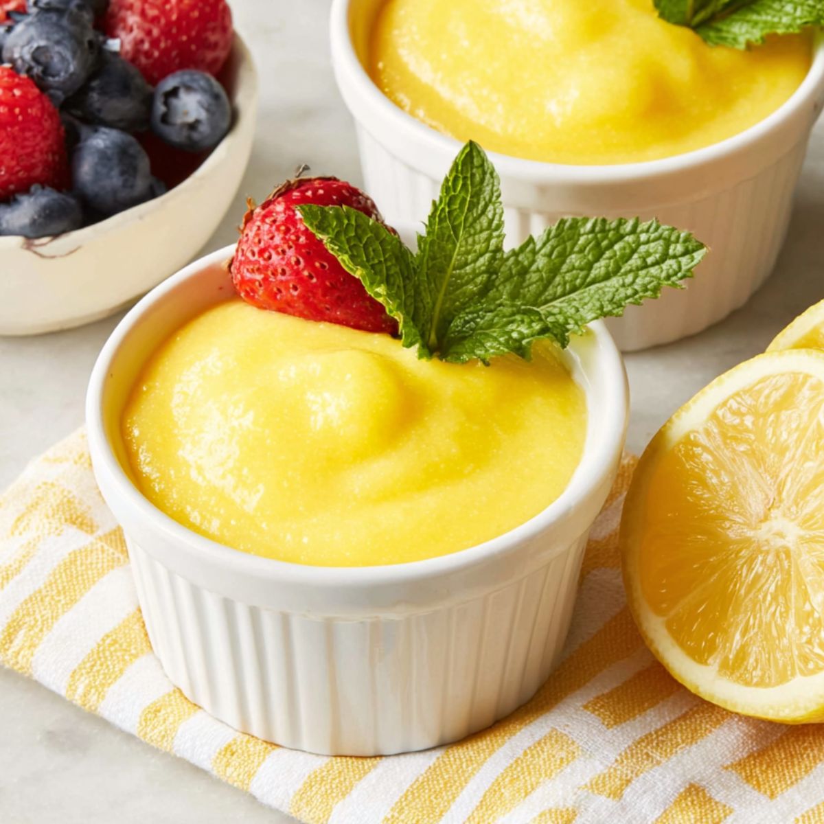 Lemon curd dessert served in glass cups with fresh berries and mint