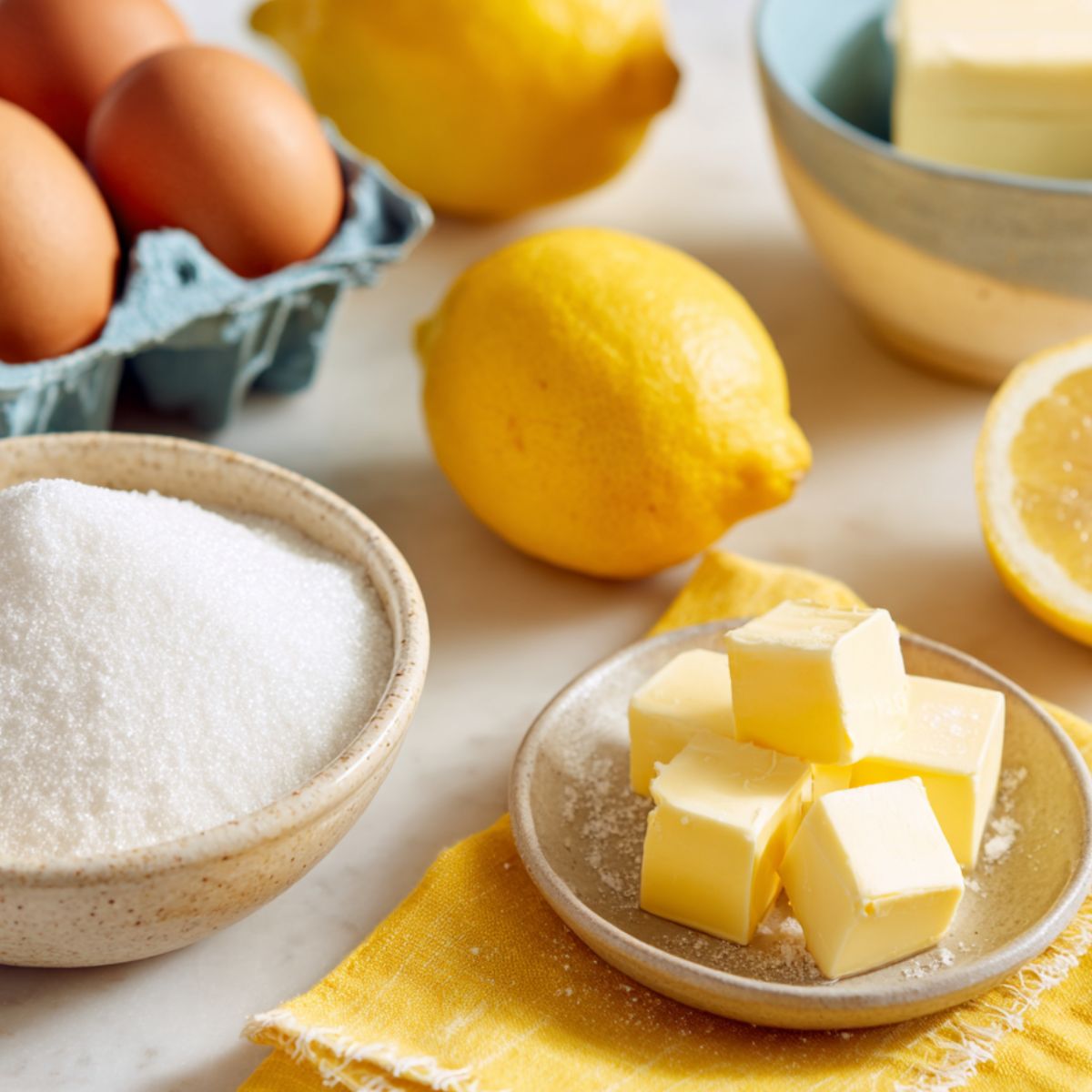 Ingredients for lemon curd recipe arranged casually on a kitchen counter