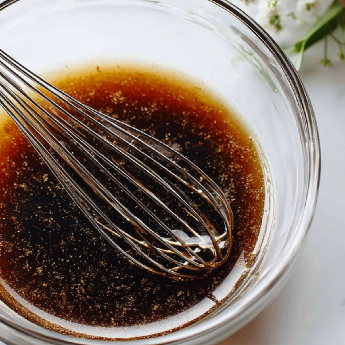 Overhead shot of balsamic vinaigrette being whisked in a glass bowl on a white kitchen counter.