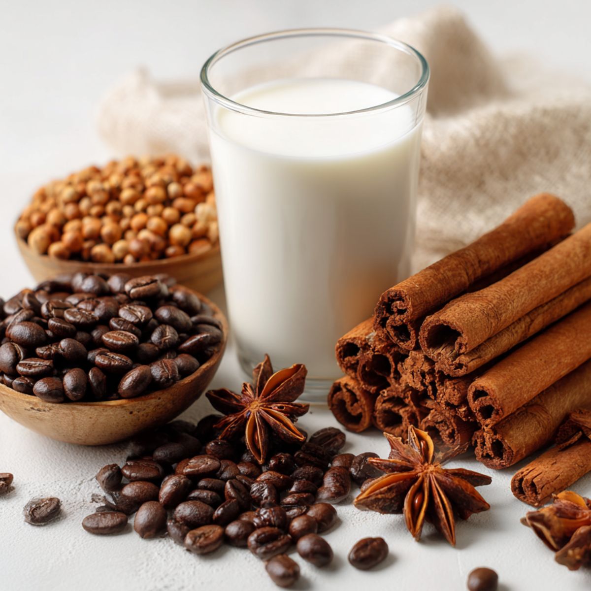 Ingredients for Mexican iced coffee including piloncillo, cinnamon, cloves, star anise, coffee, and milk on a white kitchen counter.