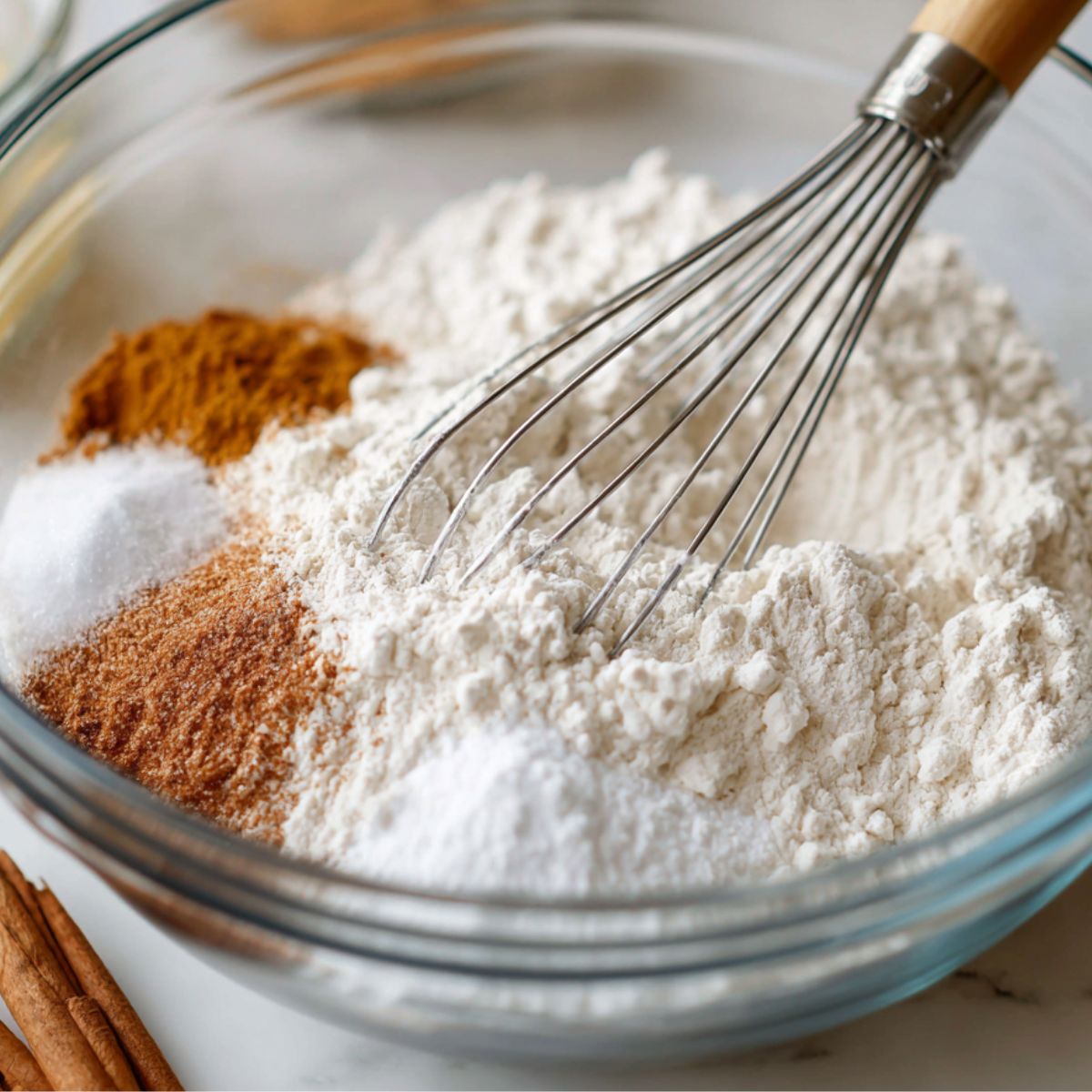 Flour, sugar, cinnamon, and other dry ingredients being whisked in a bowl.