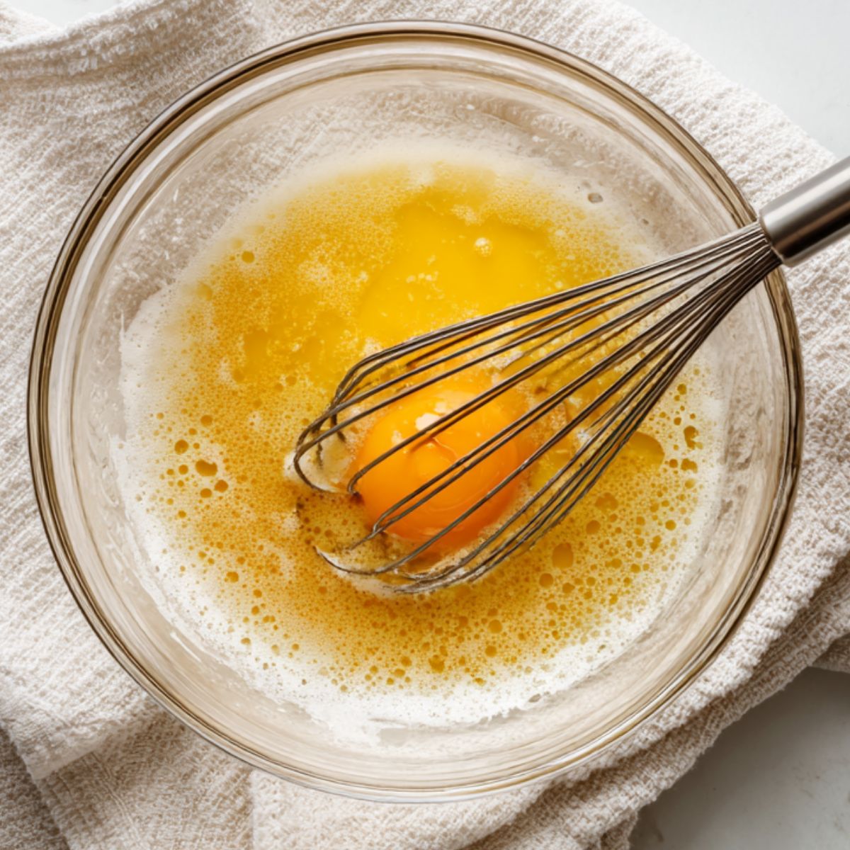 Whisking honey, oil, and egg in a bowl for oatmeal raisin cookies