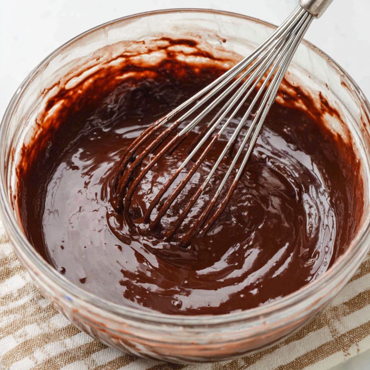 Mixing melted chocolate and eggs for brownie cake base
