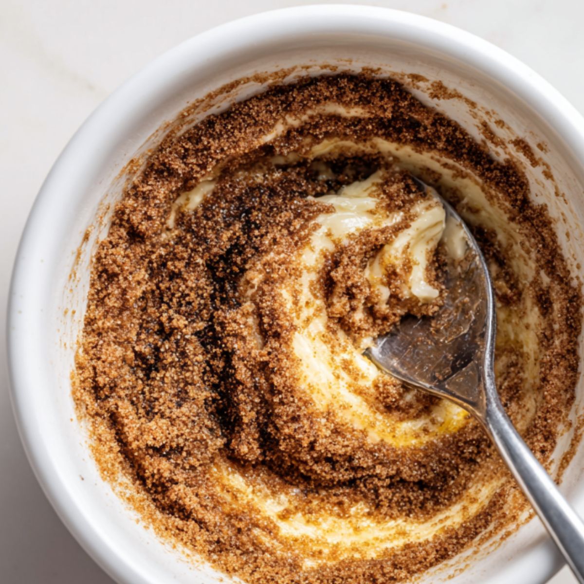 Brown sugar and cinnamon being mixed in a bowl for swirl