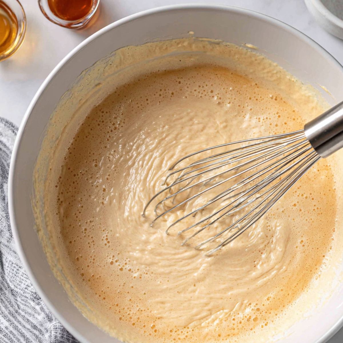Crepe batter being whisked in a large mixing bowl