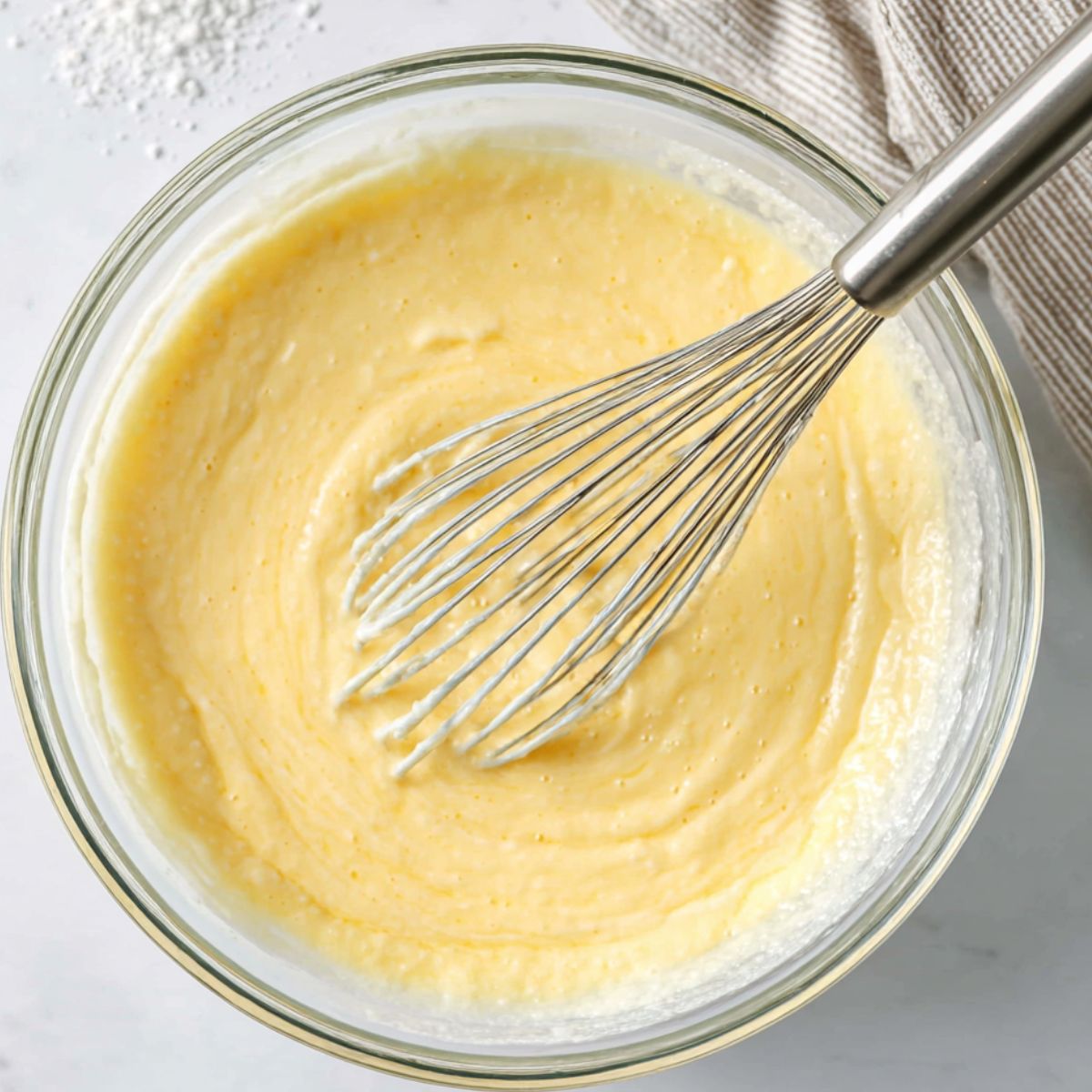 Whisking pancake batter in a bowl with ingredients scattered on a counter